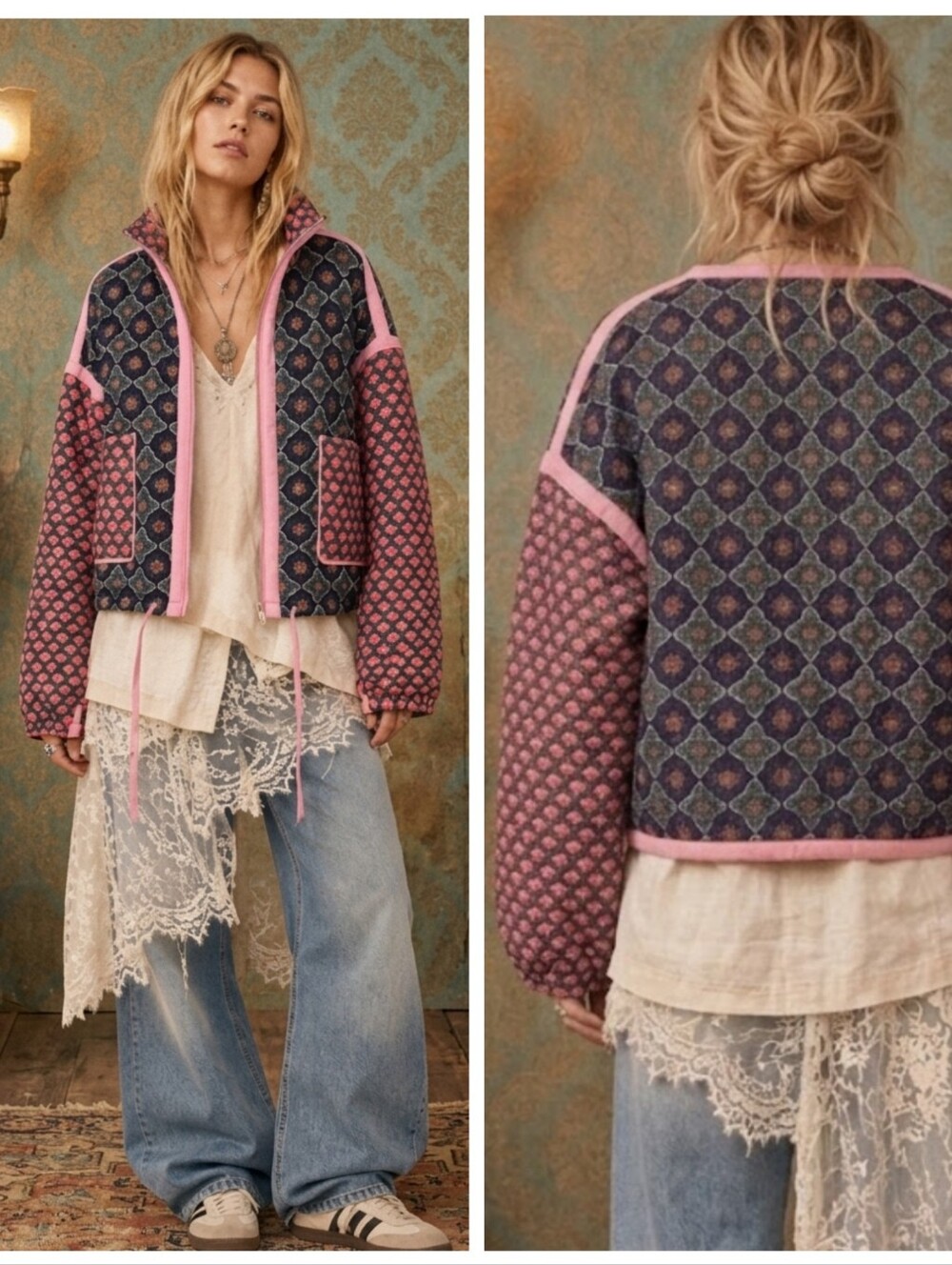 Quilted Patterned Bomber Jacket - Pink & Green